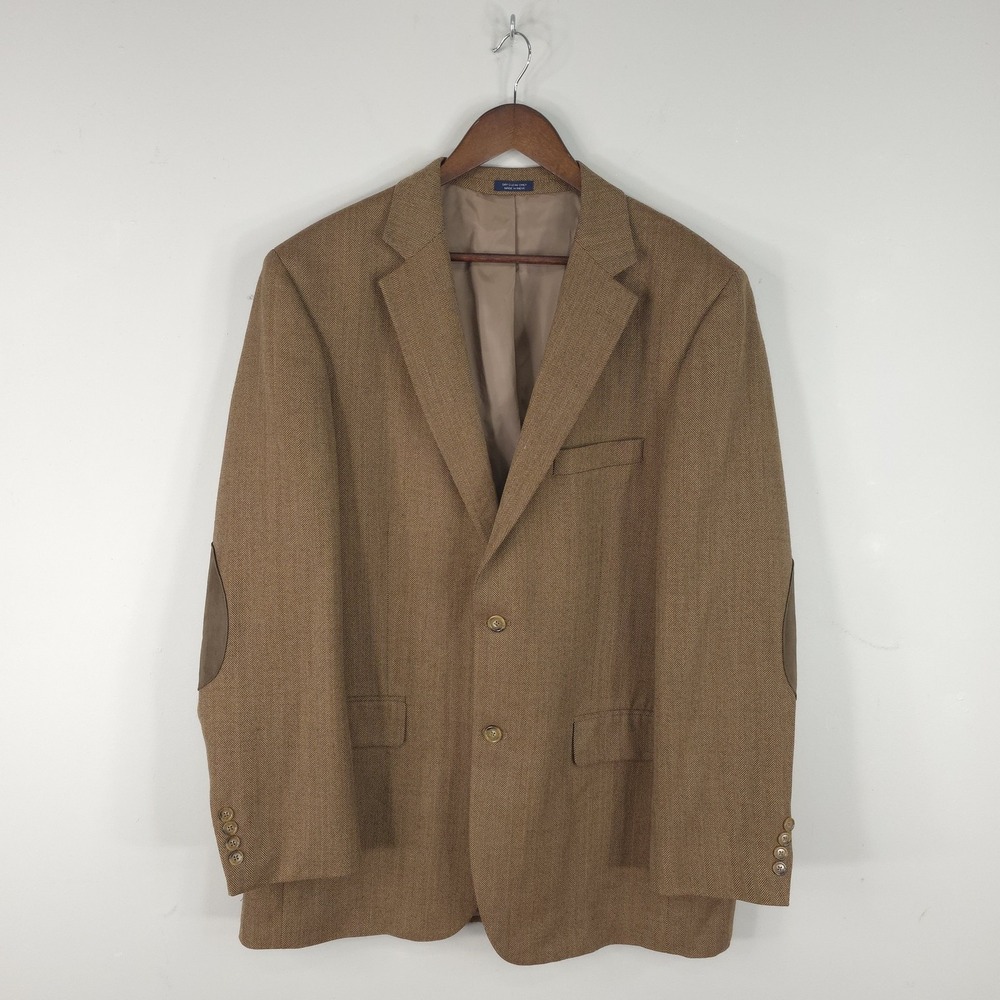 Saddlebred Mens 44L Brown Herringbone Wool Sport Coat Blazer Elbow Patches